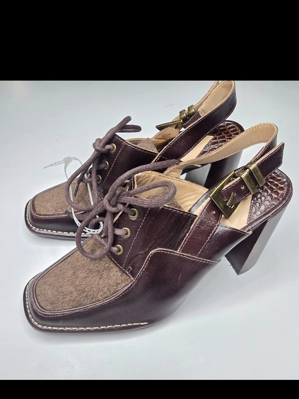 ANTONIO MELANI Brown Leather & Felt Lace-Up Slingback Heels